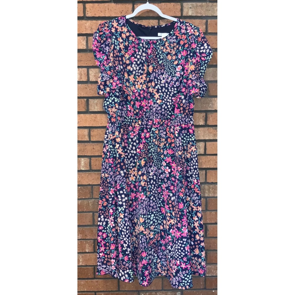 London Times Floral Smocked Waist Midi Dress Navy Blue Multi Size 16